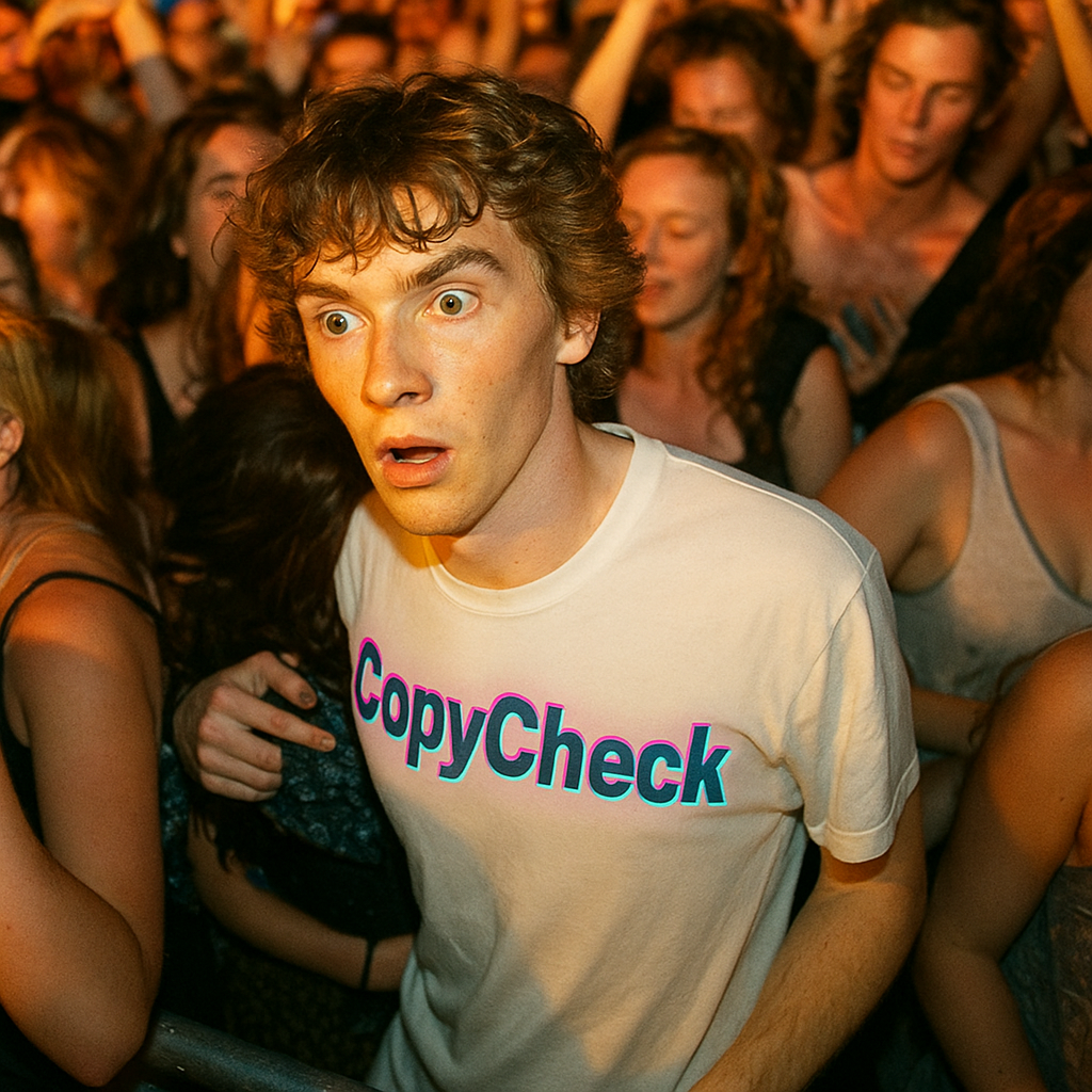 Person with surprised expression wearing CopyChek shirt